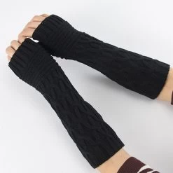 Black Below Elbow Warming Fingerless Gloves