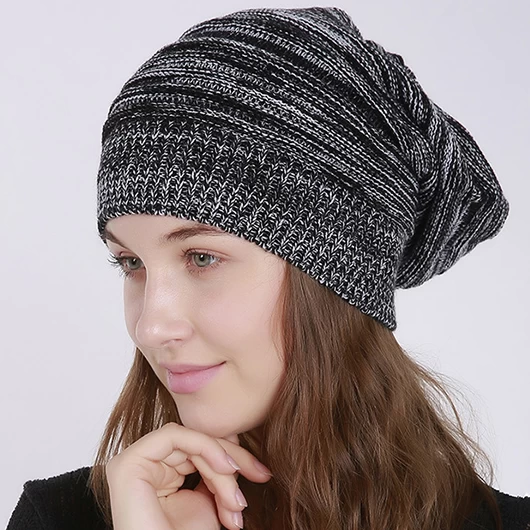 Black Striped Cozy Acrylic Beanie Hat - Image 3