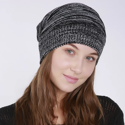 Black Striped Cozy Acrylic Beanie Hat - Image 2