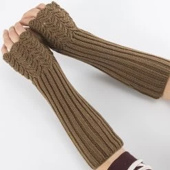 Dark Camel Below Elbow Warming Fingerless Gloves