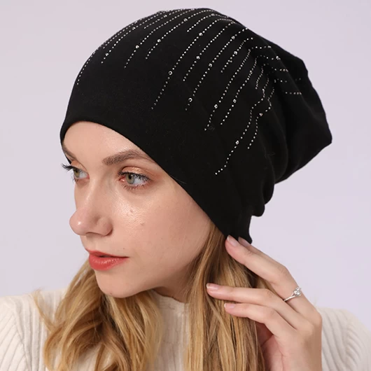 Black Cotton Hot Drilling Hat Beanie - Image 2