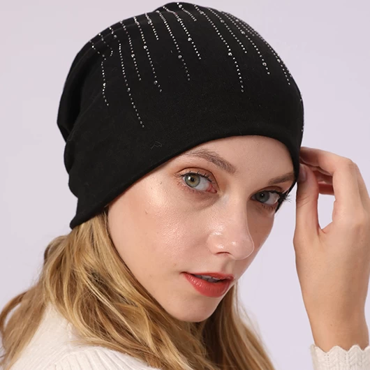 Black Cotton Hot Drilling Hat Beanie - Image 3