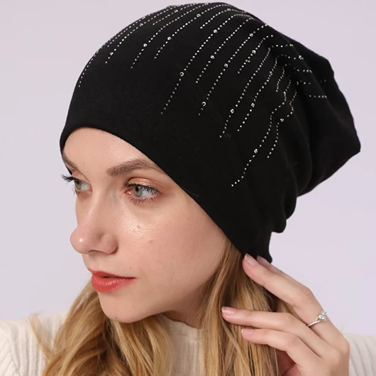 Black Cotton Hot Drilling Hat Beanie - Image 4