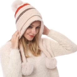 Beige Striped Plush Geometric Knitted Hat