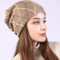 Light Coffee Geometric Print Grid Beanie Hat