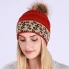 Red Puff Ball Leopard Beanie Hat
