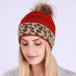 Red Puff Ball Leopard Beanie Hat