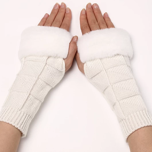 White Below Elbow Warming Fingerless Gloves - Image 2