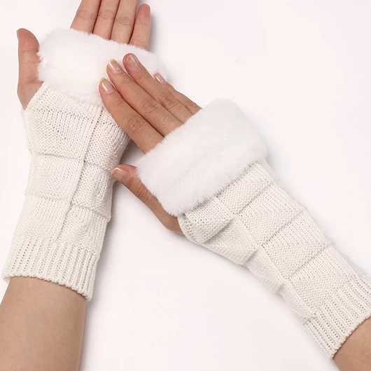 White Below Elbow Warming Fingerless Gloves - Image 3