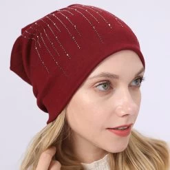 Wine Red Cotton Hot Drilling Hat Beanie