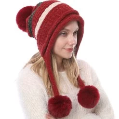 Wine Red Striped Plush Knitted Hat
