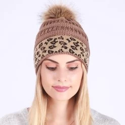 Light Coffee Puff Ball Leopard Beanie Hat