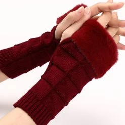 Wine Red Below Elbow Warming Fingerless Gloves