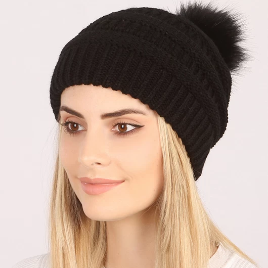 Black Puff Ball Acrylic Beanie Hat - Image 2