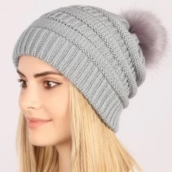 Light Grey Puff Ball Acrylic Beanie Hat