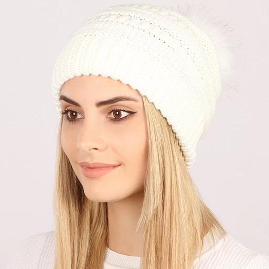 White Puff Ball Acrylic Beanie Hat