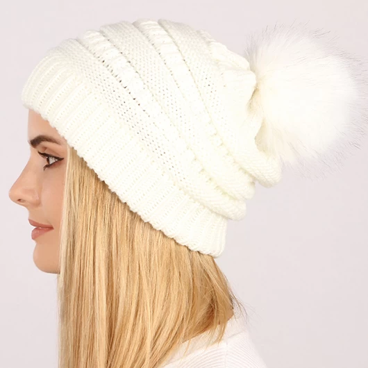 White Puff Ball Acrylic Beanie Hat - Image 2