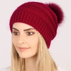 Wine Red Puff Ball Acrylic Beanie Hat