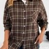 Dark Coffee Button Plaid Shirt Collar Blouse