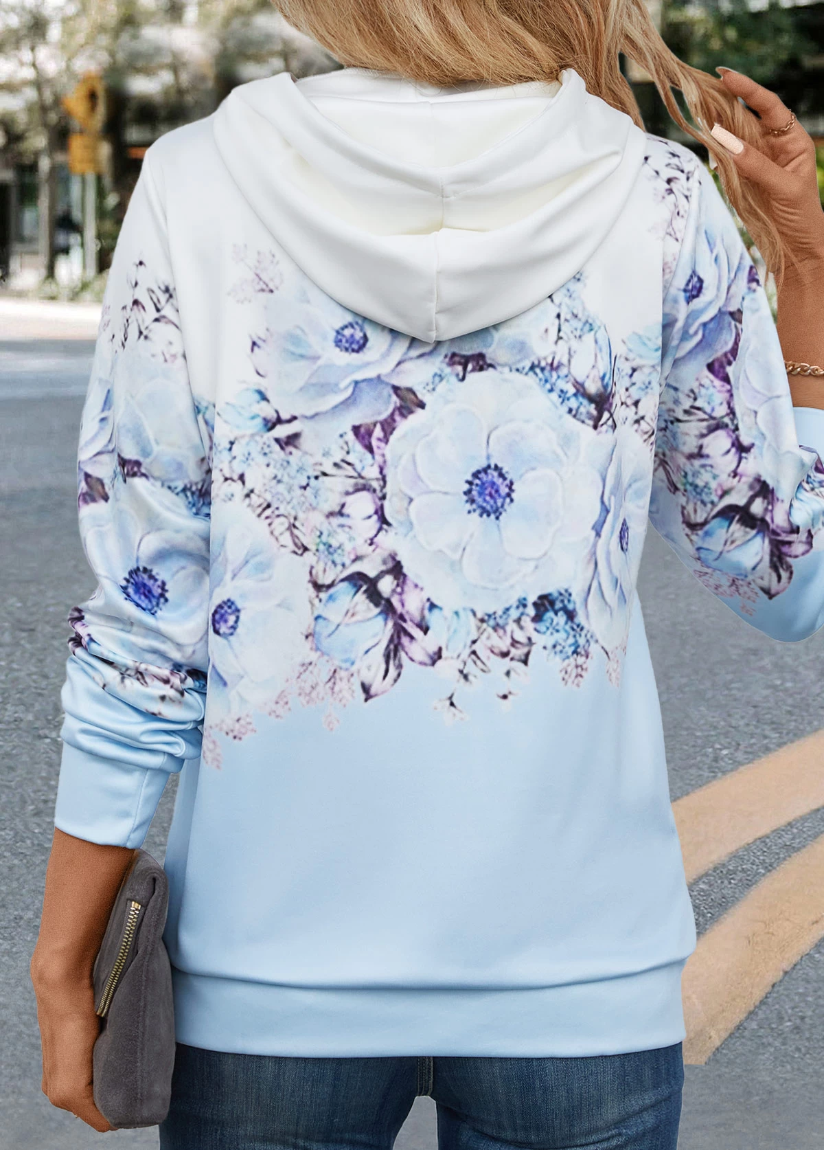 Light Blue Pocket Floral Print Long Sleeve Hoodie - Image 2
