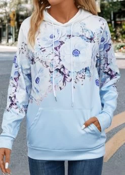 Light Blue Pocket Floral Print Long Sleeve Hoodie
