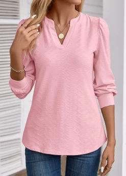 Light Pink Jacquard Long Sleeve V Neck Blouse