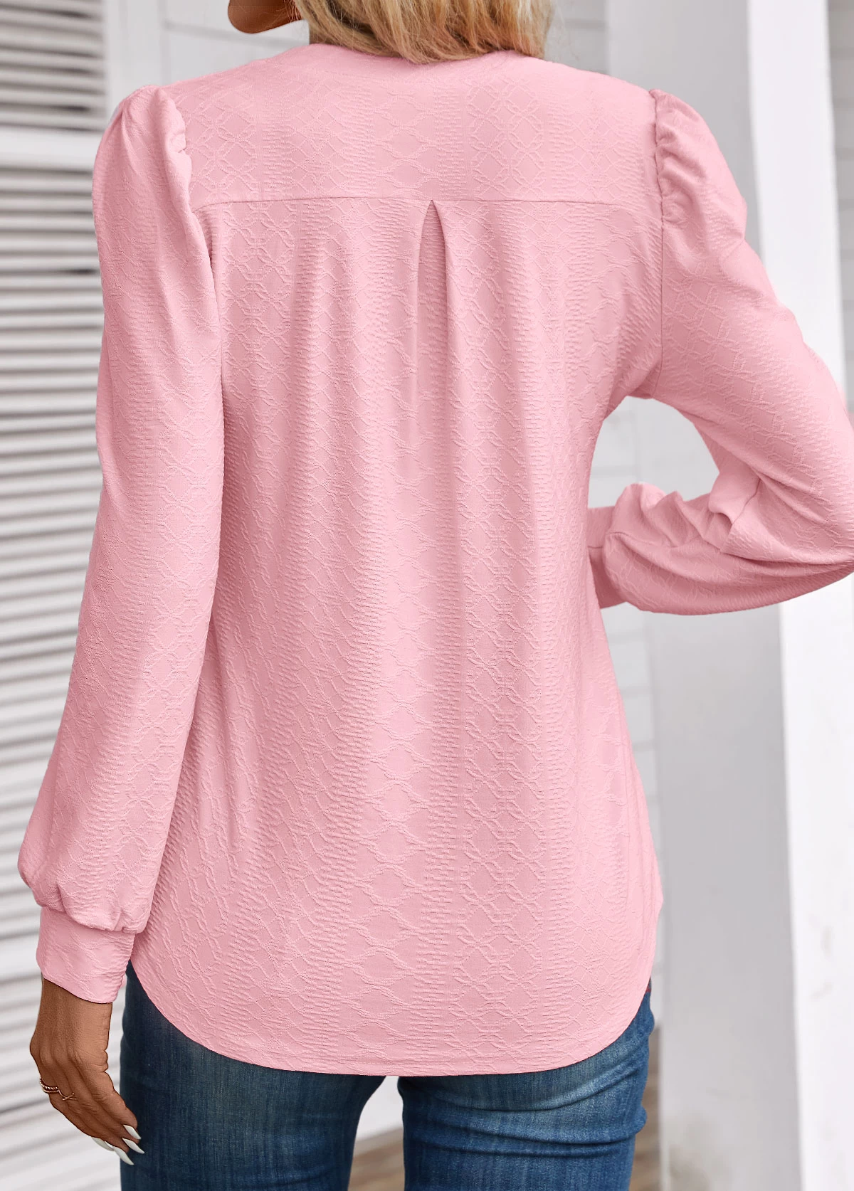 Light Pink Jacquard Long Sleeve V Neck Blouse - Image 2