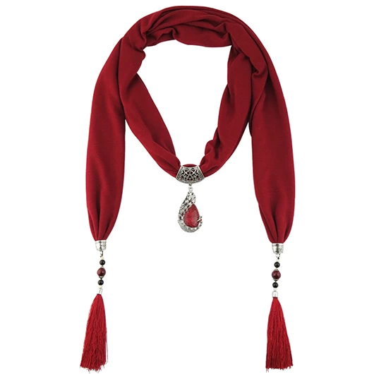 Wine Red Geometric Pendant Tassel Scarf - Image 2