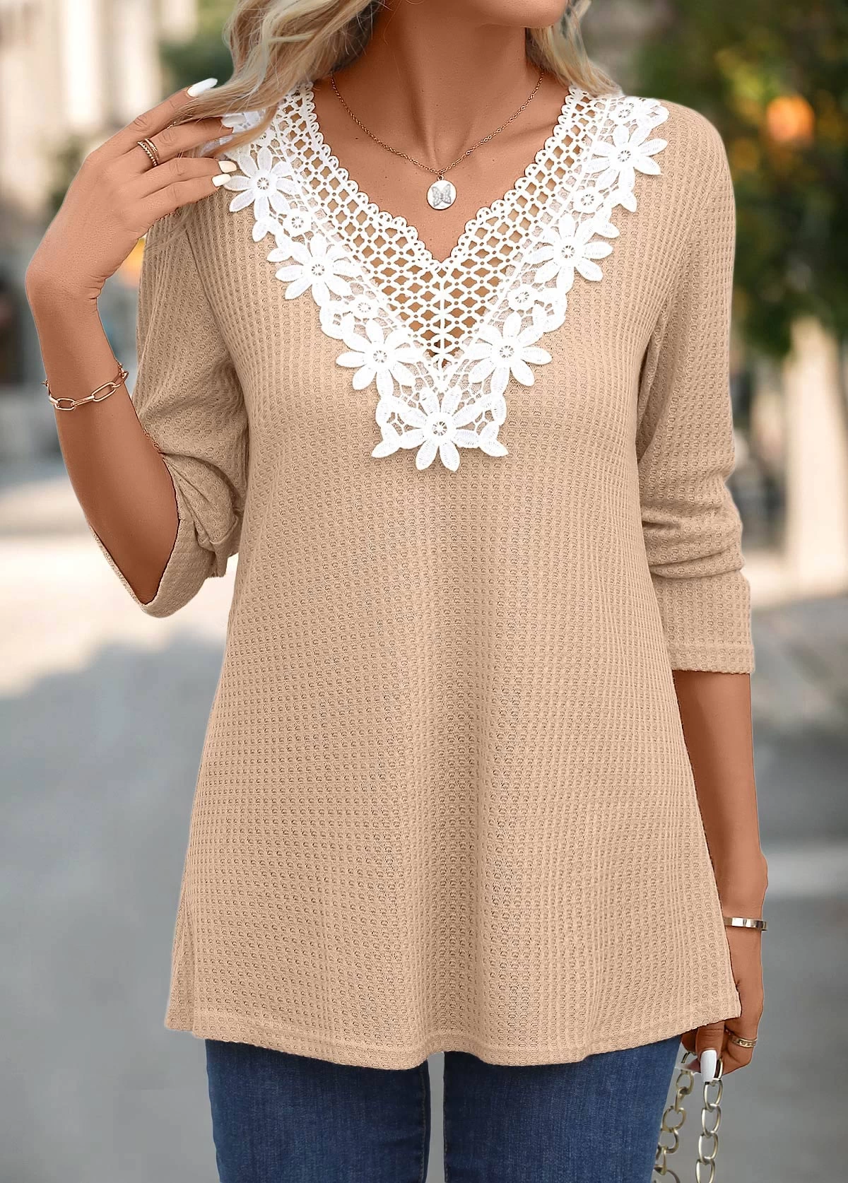 Light Camel Patchwork Long Sleeve Split Neck T Shirt - Image 3