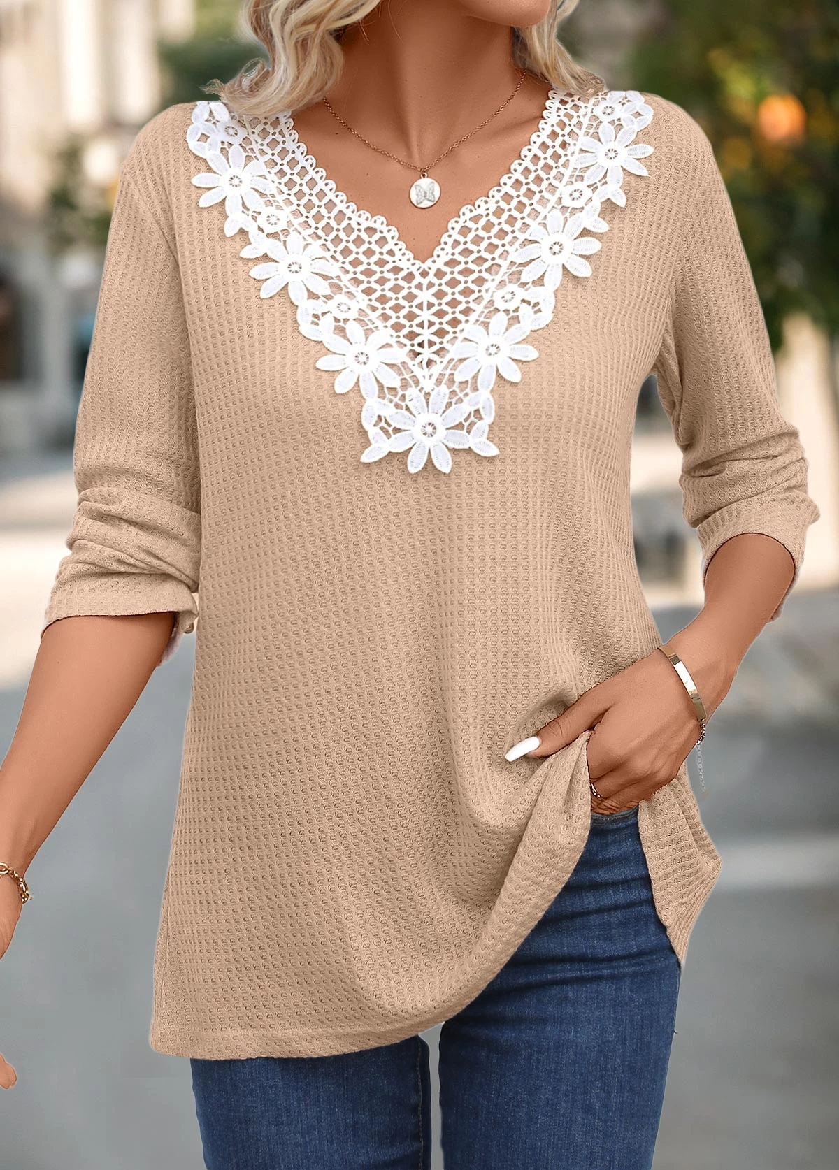 Light Camel Patchwork Long Sleeve Split Neck T Shirt - Image 4