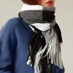 Black Plaid Tassel Striped Shawl Scarf