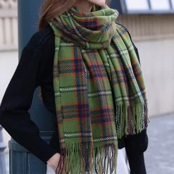 Olive Green Plaid Tassel Striped Shawl Scarf