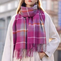 Dark Reddish Purple Plaid Striped Tassel Shawl Scarf