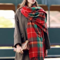 Red Plaid Striped Tassel Shawl Scarf