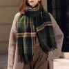 Olive Green Plaid Striped Tassel Shawl Scarf