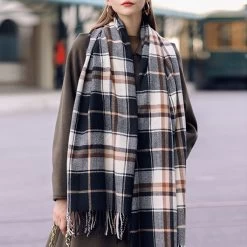 Black Plaid Striped Tassel Shawl Scarf