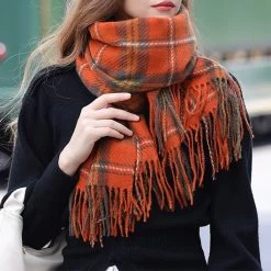 Orange Plaid Tassel Striped Shawl Scarf