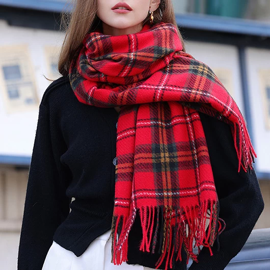 Red Plaid Tassel Striped Shawl Scarf