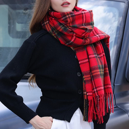Red Plaid Tassel Striped Shawl Scarf - Image 2