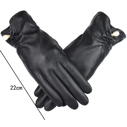 Pearl Detail Black Wrist Warming Full Finger Gloves - Image 6