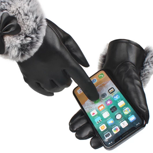 Faux Leather Black Warming Full Finger Gloves - Image 5