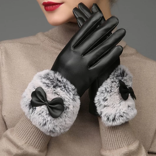 Faux Leather Black Warming Full Finger Gloves