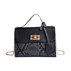Black Snakeskin Print Turnlock Chains Crossbody Bag