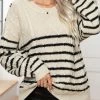 Beige Button Striped Long Sleeve Round Neck Sweater