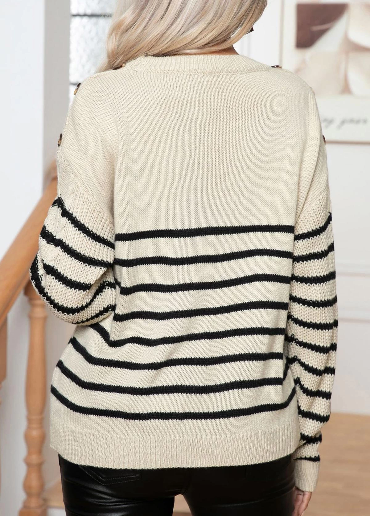 Beige Button Striped Long Sleeve Round Neck Sweater - Image 2