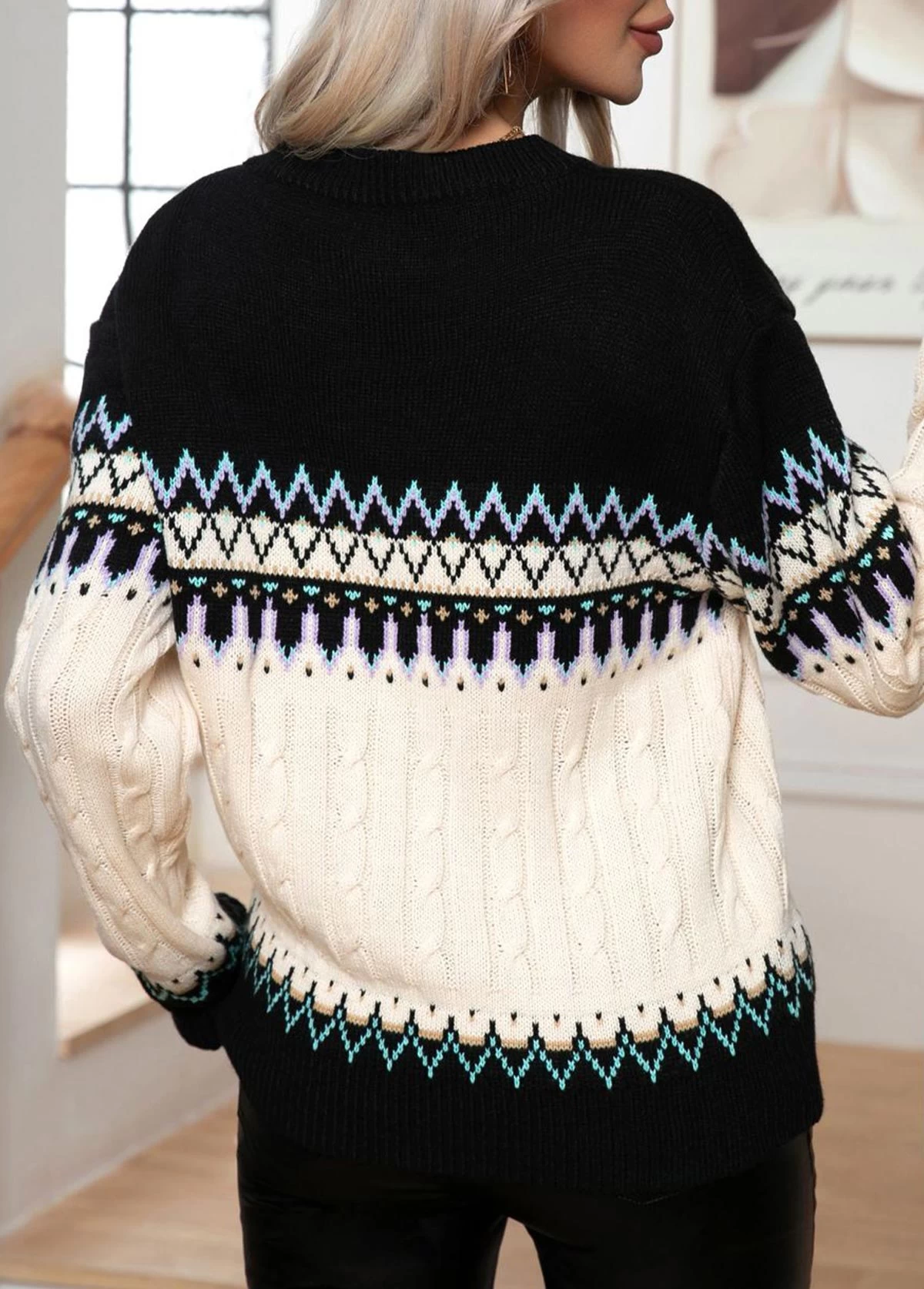 Black Weave Tribal Print Long Sleeve Round Neck Sweater - Image 2