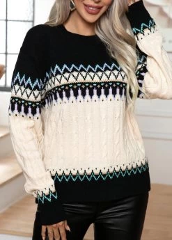 Black Weave Tribal Print Long Sleeve Round Neck Sweater