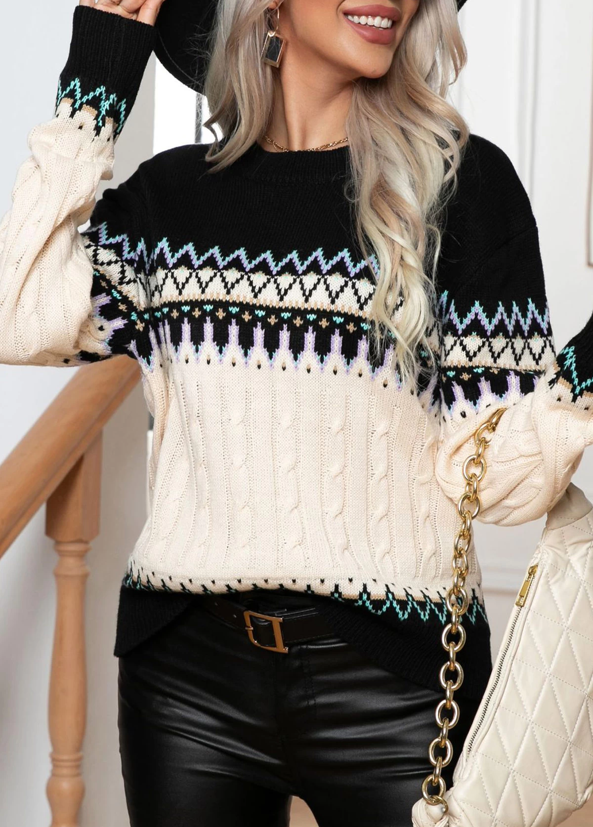 Black Weave Tribal Print Long Sleeve Round Neck Sweater - Image 4