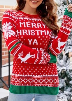 Christmas Red Letter Print Long Sleeve Round Neck Sweater
