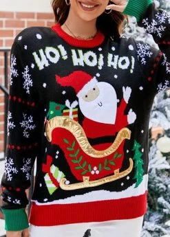 Christmas Black Santa Claus Print Long Sleeve Round Neck Sweater